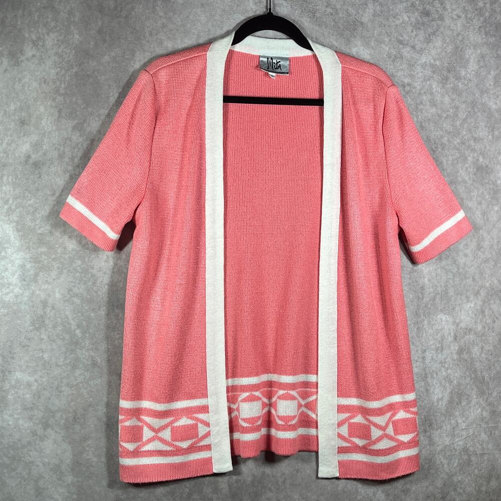 Vintage Mita Cardigan Sweater Womens 12 Pink White Knit Short Sleeve Open Front